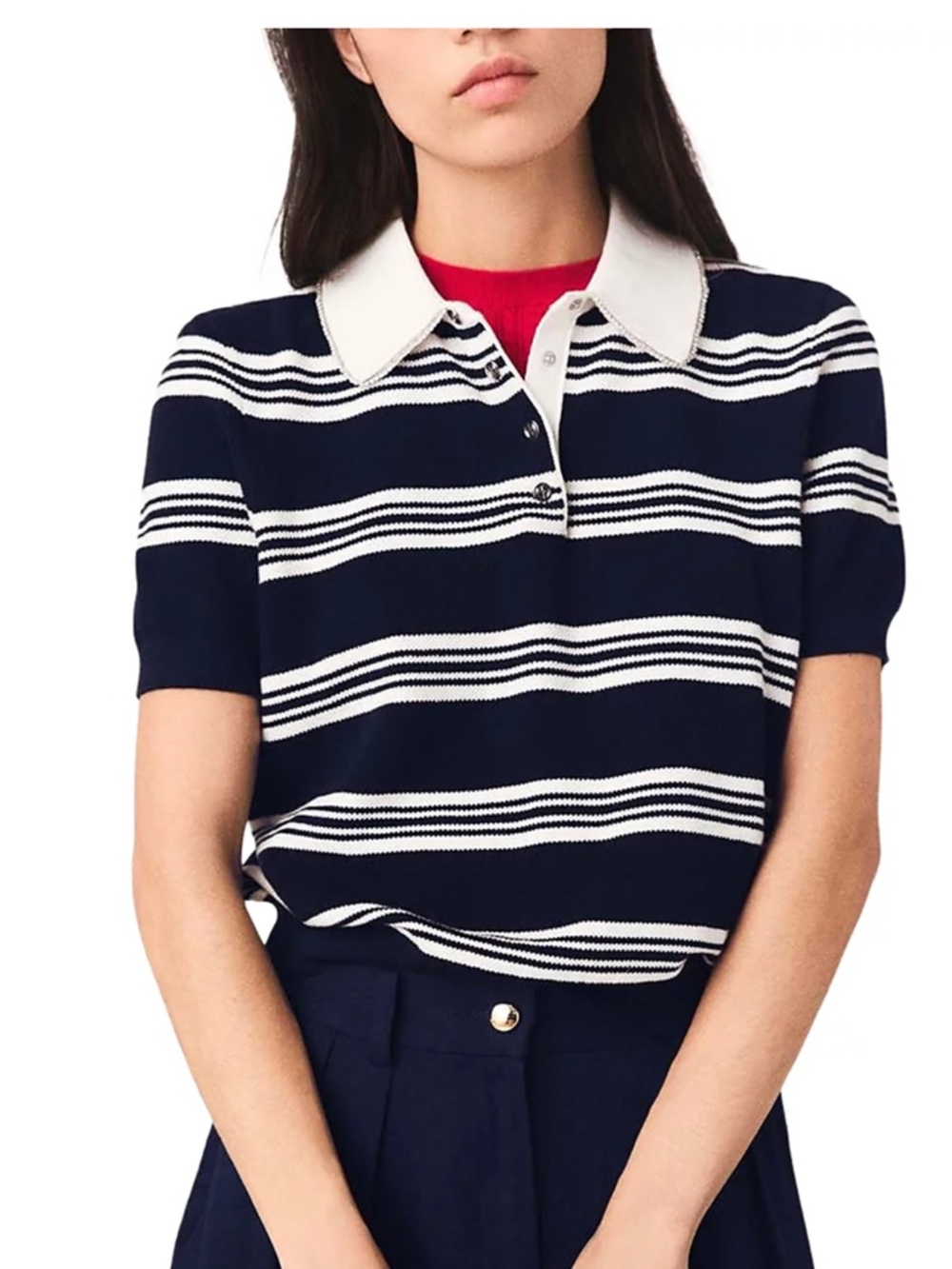 Map Striped Rhinestone Collar Polo
